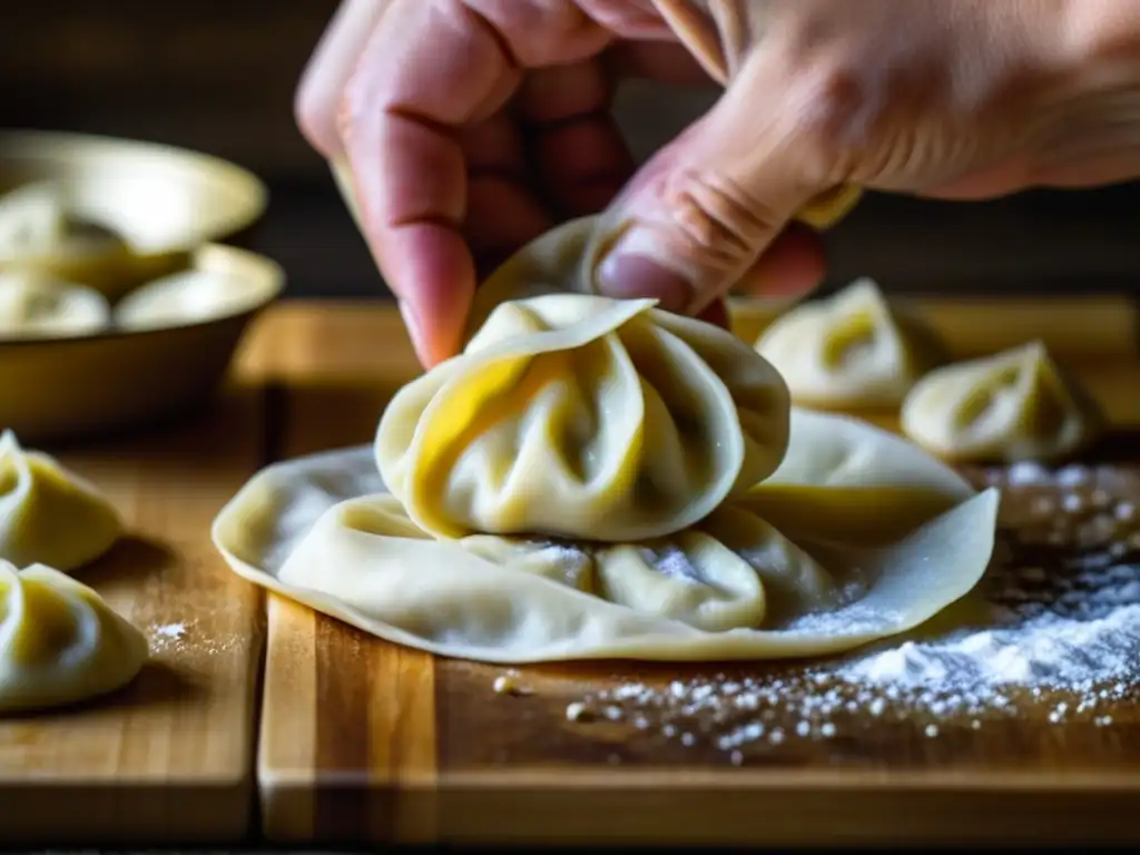 Las experimentadas manos de un chef formando pelmeni, resaltando la precisión de esta delicia rusa