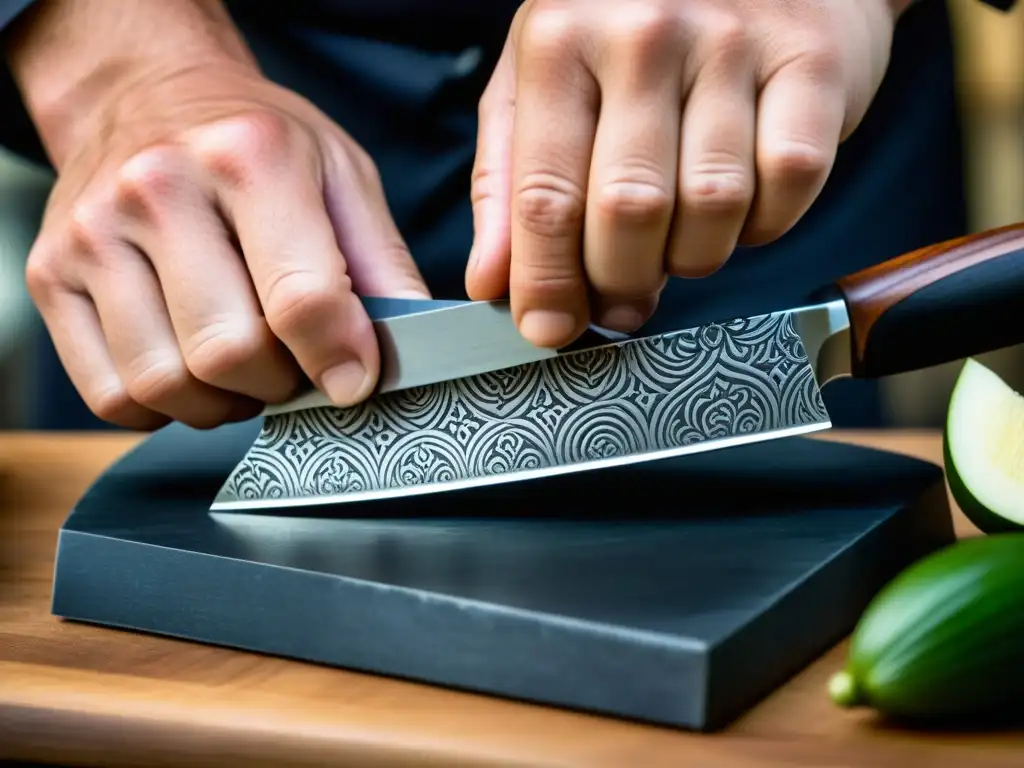 Las experimentadas manos del chef cuidan con precisión un cuchillo tradicional sobre una piedra de afilar, resaltando la tradición culinaria