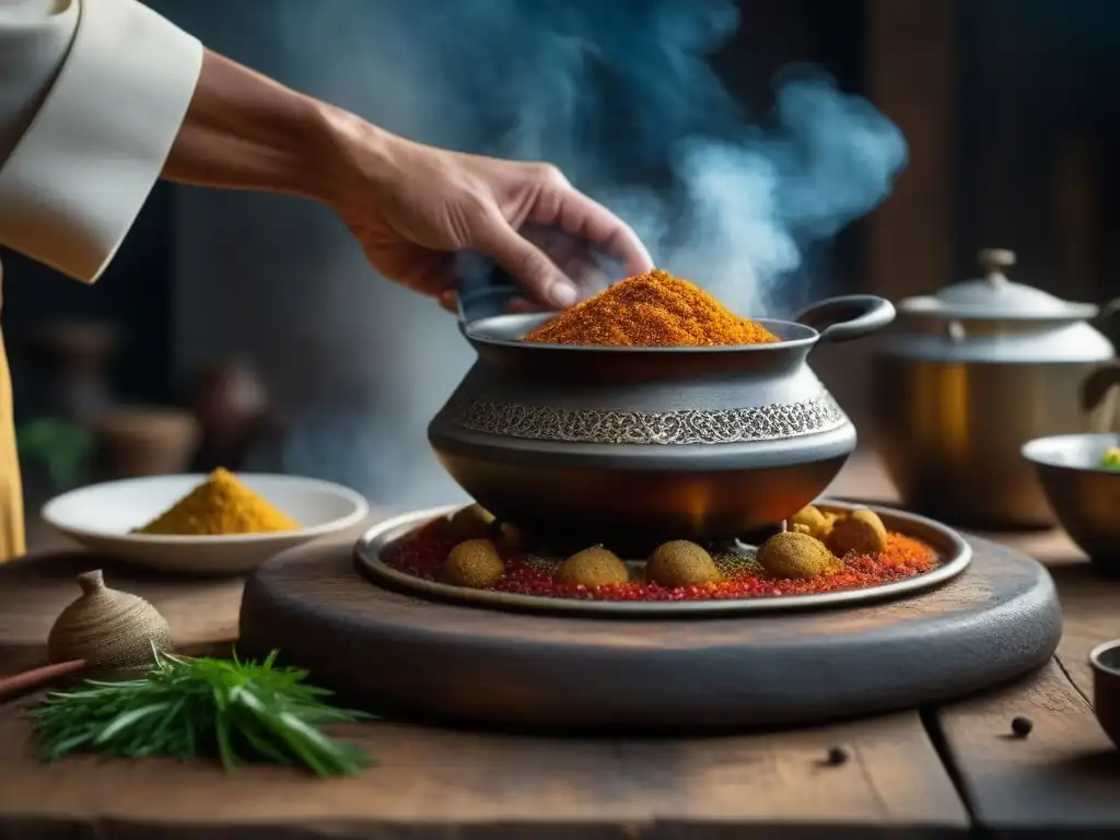 Las experimentadas manos de un cocinero saheliano condimentando platos tradicionales en una cocina rústica