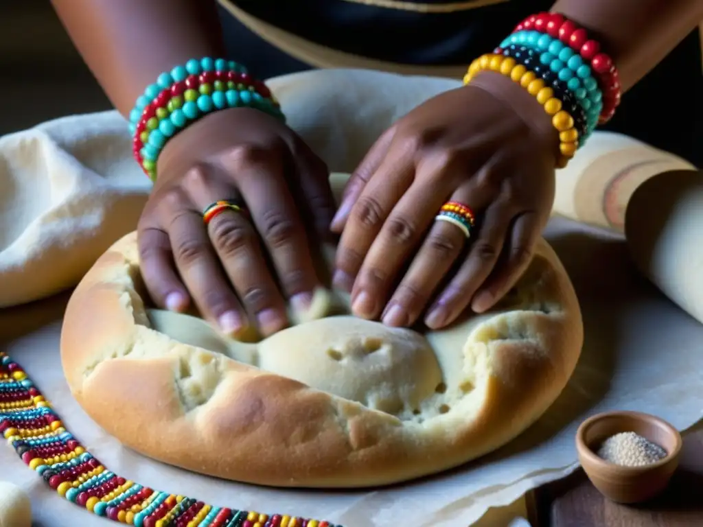 Las experimentadas manos de una mujer indígena amasando masa con gran destreza, mostrando la riqueza de la tradición panadera americana