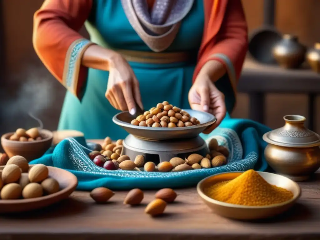 Las experimentadas manos de una mujer marroquí moliendo nueces de argán, resaltando la tradición y los beneficios del aceite de argán