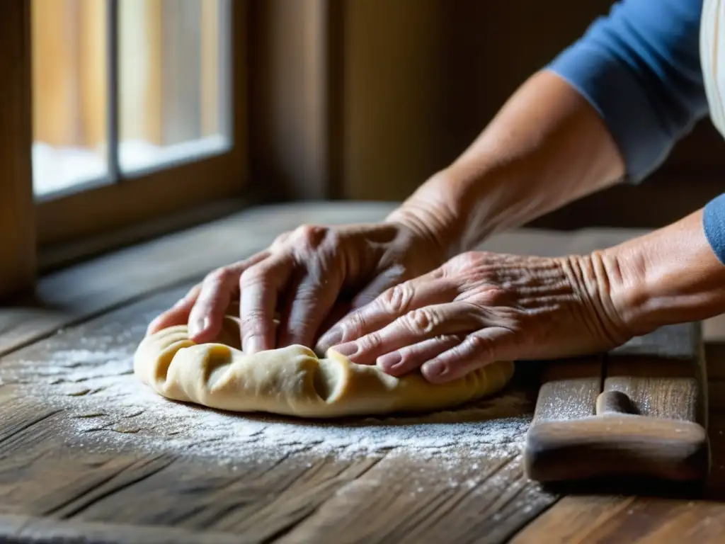 Las experimentadas manos de una mujer rodando masa en una superficie de madera desgastada, destacando la importancia de las mujeres en la cocina y la historia culinaria