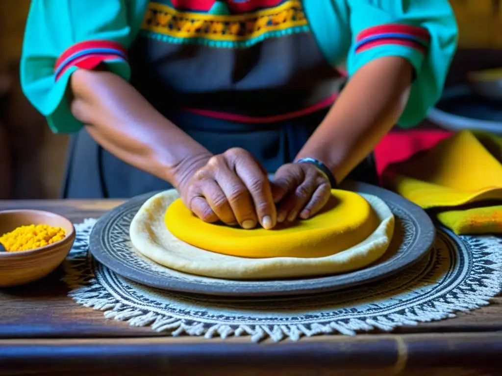 Las experimentadas manos de una mujer maya moldean una tortilla amarilla en una cocina rústica, rodeada de utensilios antiguos y textiles vibrantes