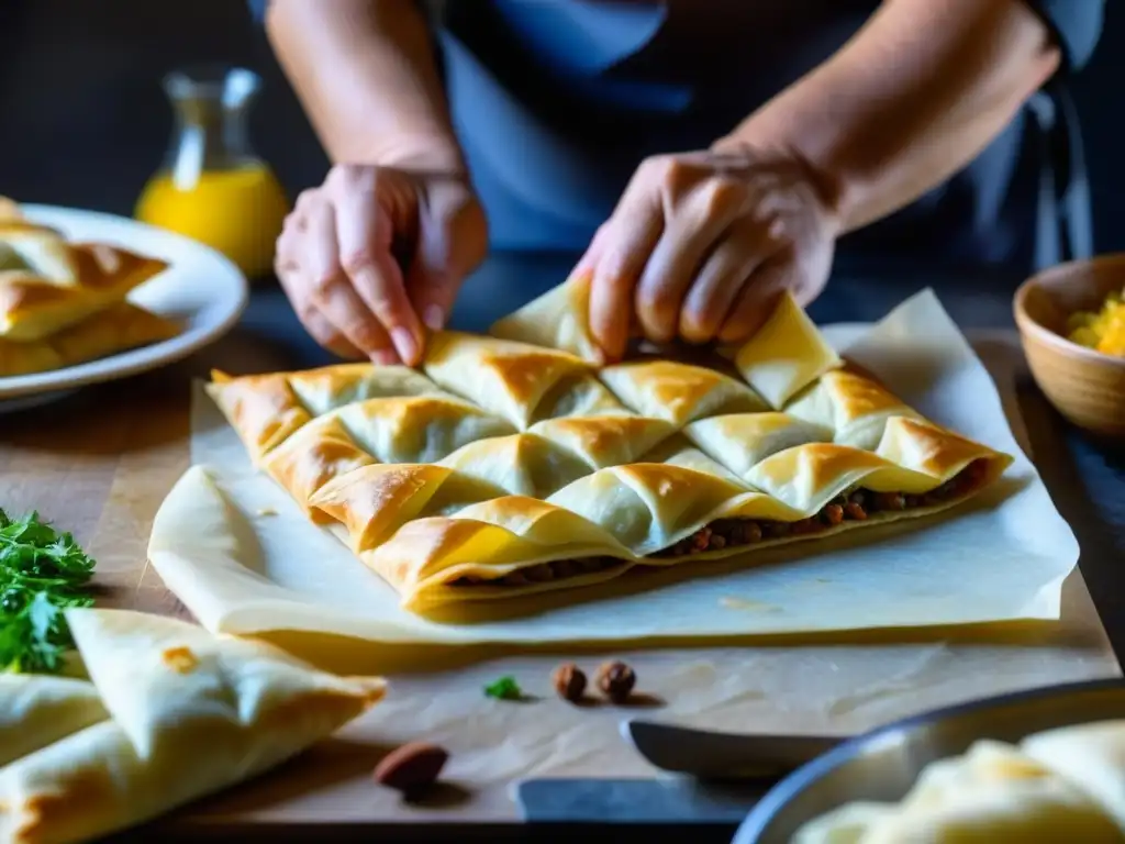 Chef armenio experto prepara borek tradicional con destreza El experimentado chef armenio prepara borek, fusionando recetas armenias históricas reinventadas contextos con maestría