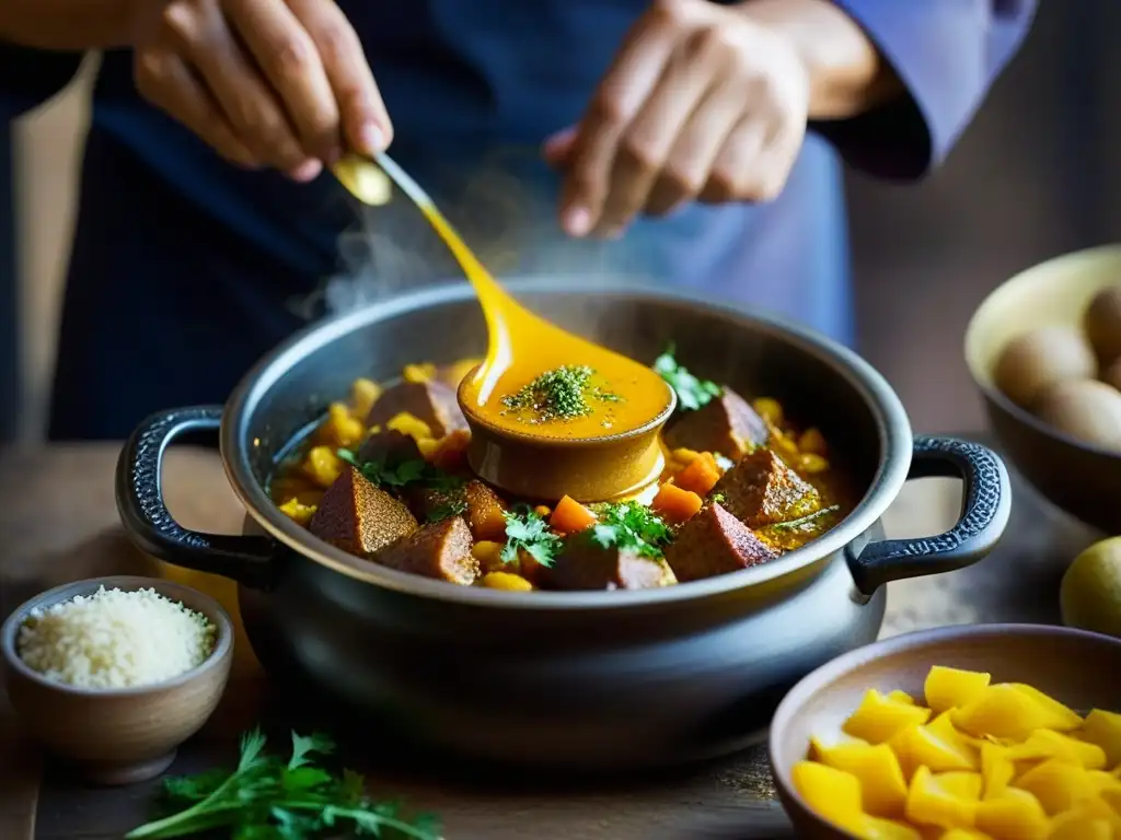 Un experimentado chef persa sazona con esmero un guiso tradicional, creando una danza de colores y aromas