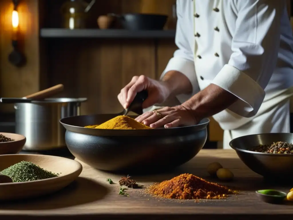 Un experimentado chef prepara una receta antigua en una cocina rústica, evocando historia y expertise culinaria