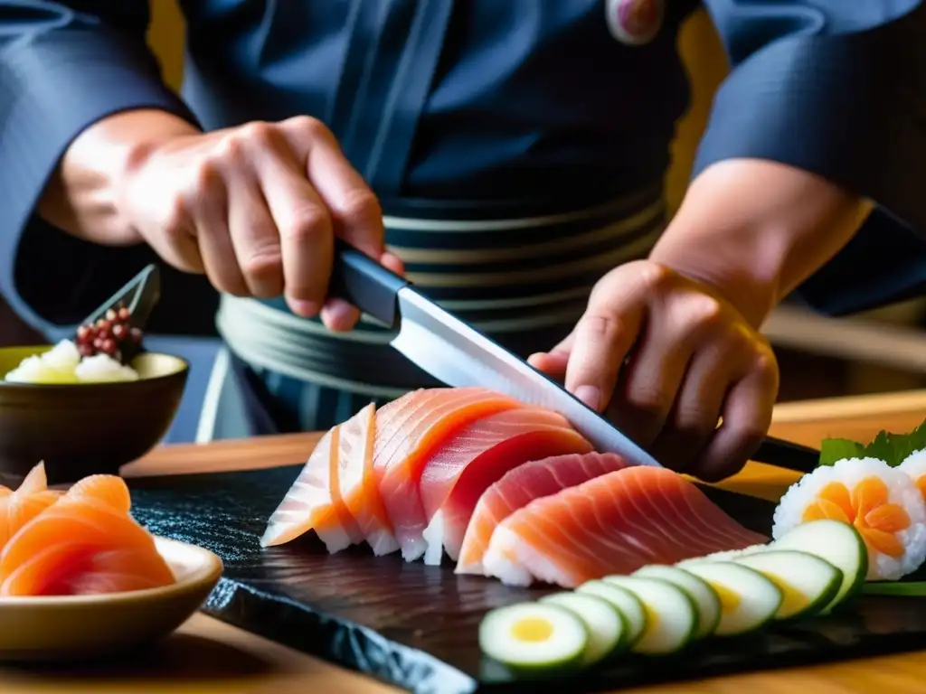 Un experimentado chef samurái corta sashimi con precisión y destreza en una cocina tradicional japonesa