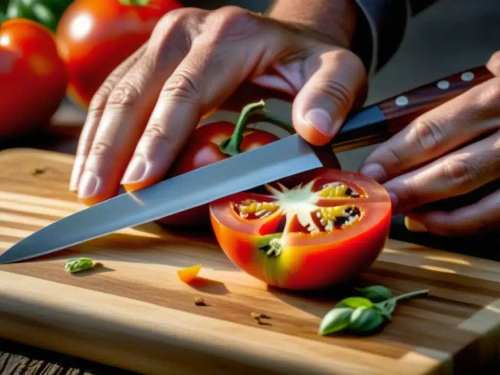 Un experimentado chef corta con precisión un tomate heirloom rojo en una tabla de cortar de madera, destacando las recetas históricas de alta cocina