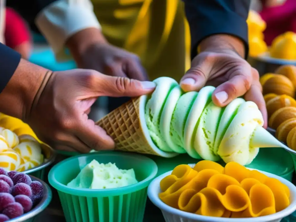 Preparación experta de dondurma turco, resaltando la historia y origen del helado turco con detalles vibrantes