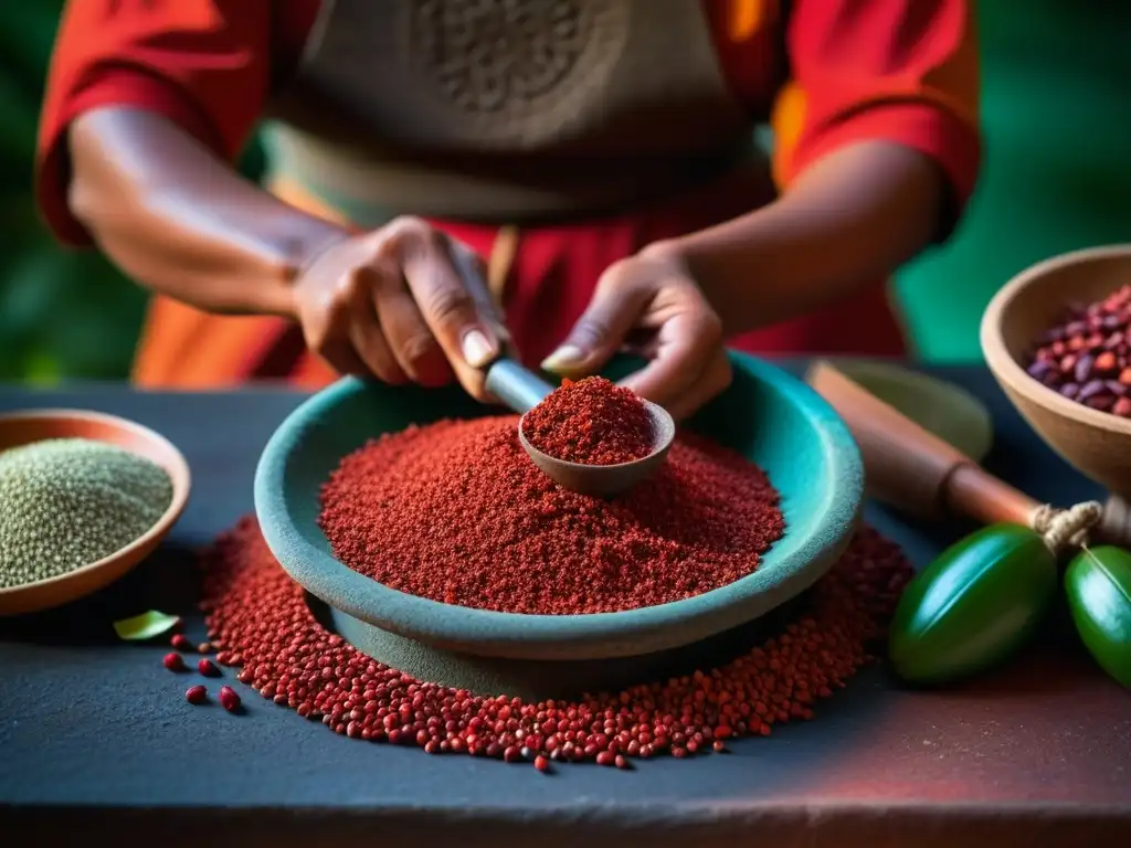 Experta maya muele semillas de achiote en metate, reflejando tradición culinaria