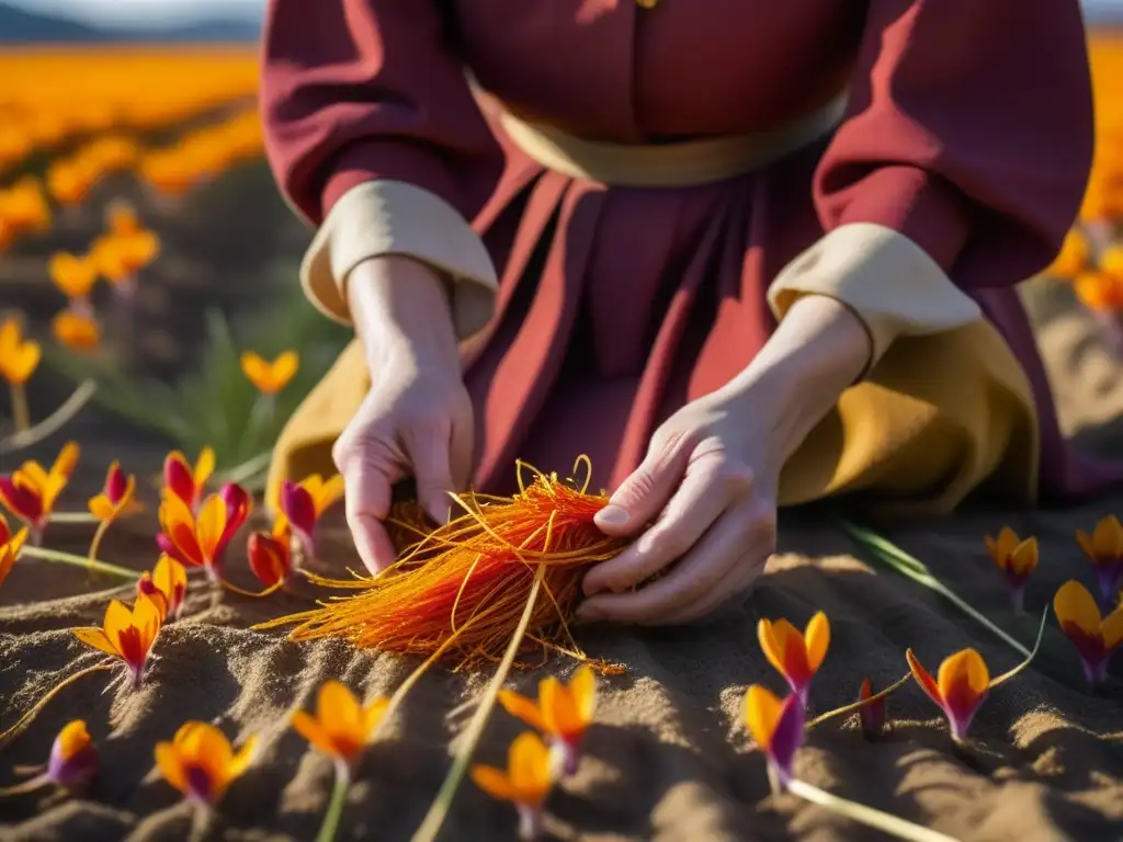 Recolección experta de azafrán medieval en campo soleado del siglo XIV, reflejando el tesoro culinario