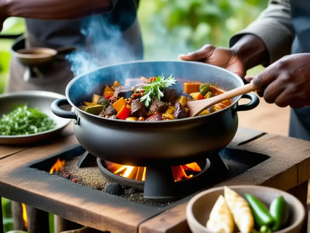 Las expertas manos de un chef africano sazonando un guiso al aire libre en África