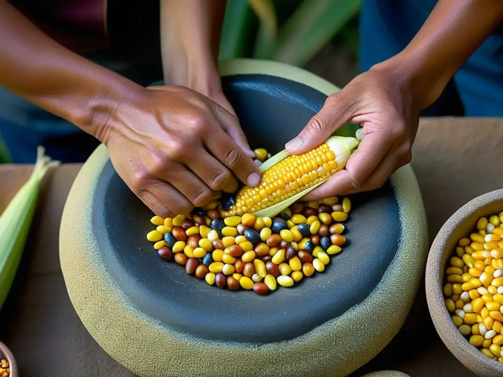 Unas expertas manos moliendo maíz colorido en un metate tradicional, revelando la belleza ancestral de la historia culinaria