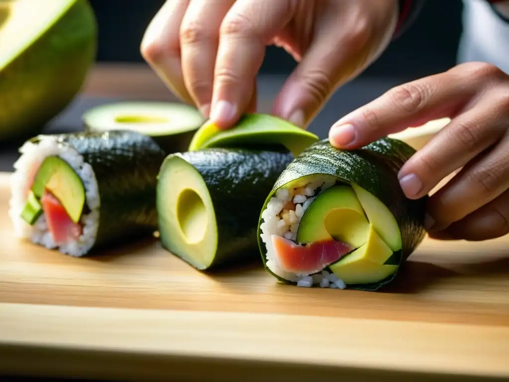 Expertas manos crean un maki criollo fusionando ingredientes peruanos y japoneses