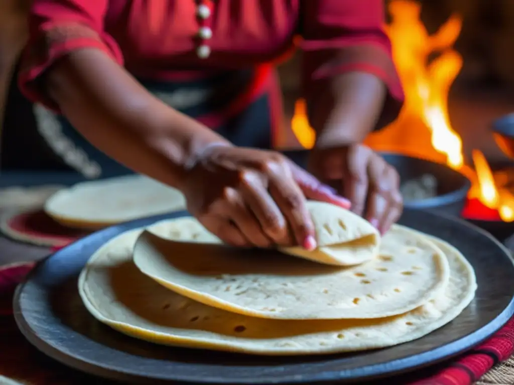 Las expertas manos de una mujer maya moldean masa para tortillas redondas, destacando las texturas e patrones con achiote rojo