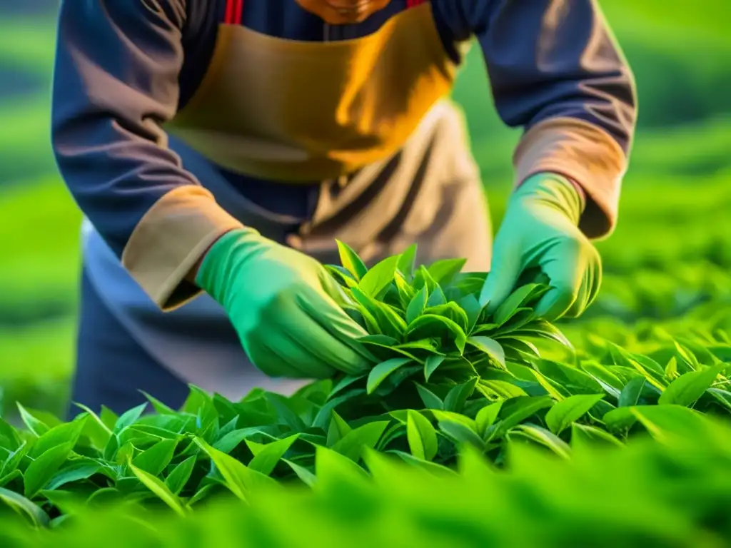 Un experto agricultor cosechando con destreza hojas de té verde en un campo exuberante al amanecer