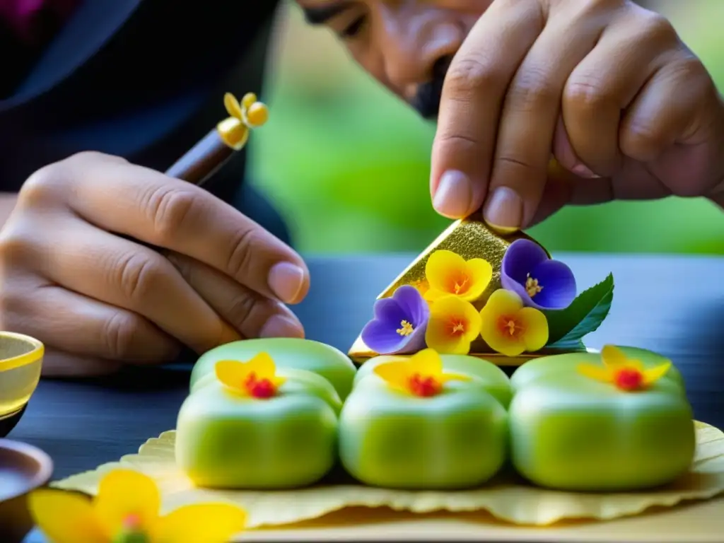 Un experto artesano elabora con destreza un dulce tradicional Heian, decorándolo con flores comestibles y pan de oro