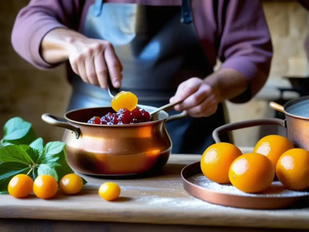 Un experto artesano prepara mermelada casera en una cocina rústica, transmitiendo historia y tradición culinaria