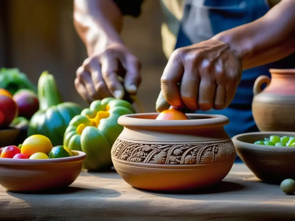 Un experto artesano aplica técnicas de conservación de alimentos a frutas y verduras usando manos experimentadas