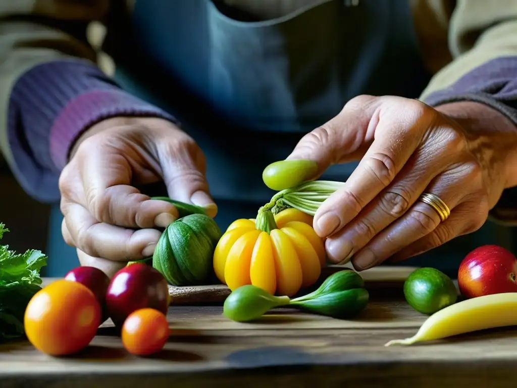 Un experto artesano aplica técnicas antiguas de conservación a frutas y verduras, mostrando años de experiencia