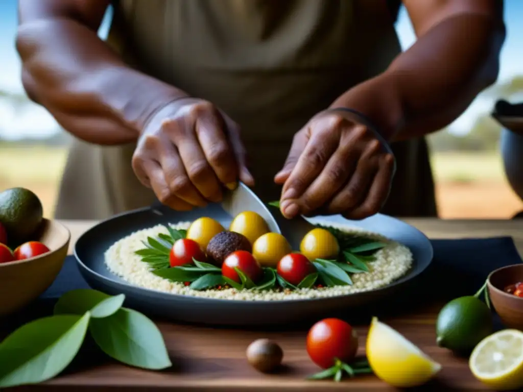 Un experto indígena australiano preparando una receta histórica con ingredientes nativos