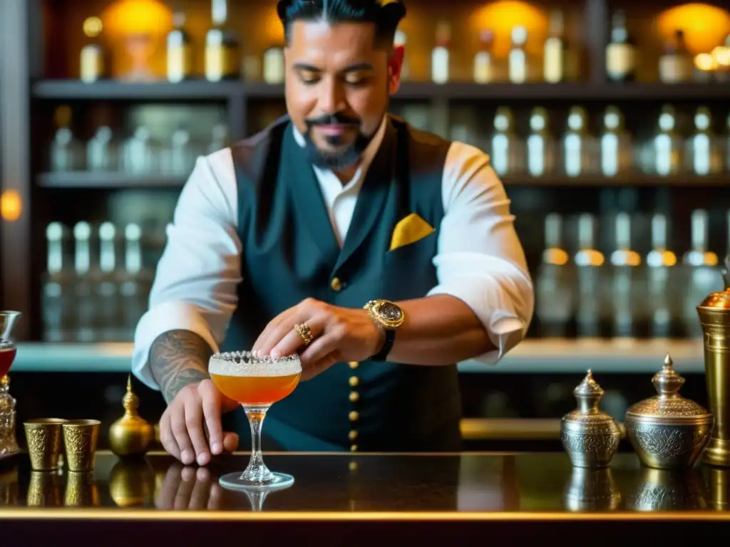 Arte renacentista: maestro coctelero crea misteriosa mixología Un experto bartender del Renacimiento mezcla ingredientes en un cóctel, con técnicas olvidadas