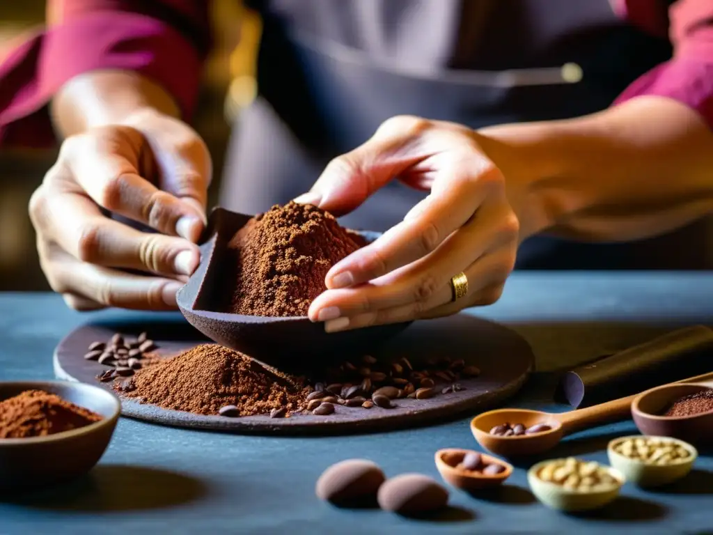 Un chocolatier experto muele cacao en metate de piedra, en la elaboración artesanal de chocolate