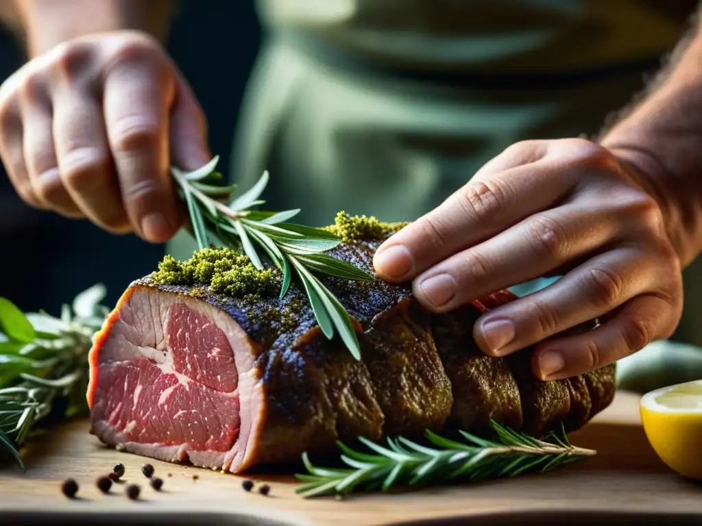 Un experto curando carne con métodos tradicionales, resaltando la historia y la maestría culinaria