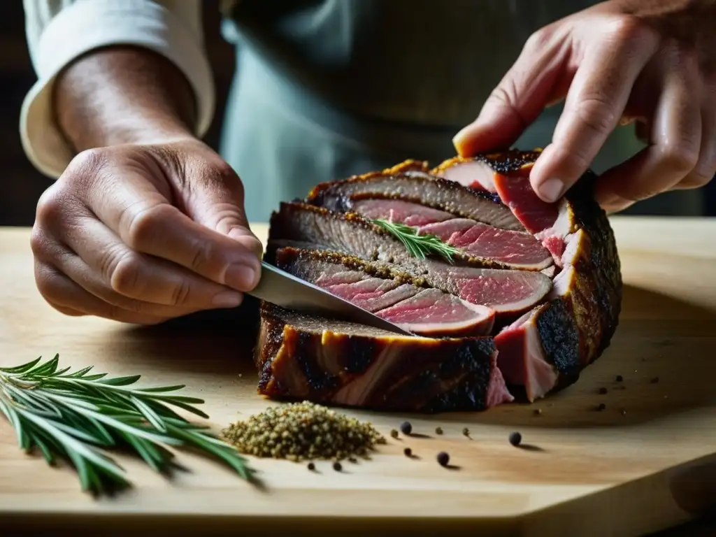 Un experto curando carnes con métodos tradicionales, mostrando la delicadeza y sabiduría ancestral