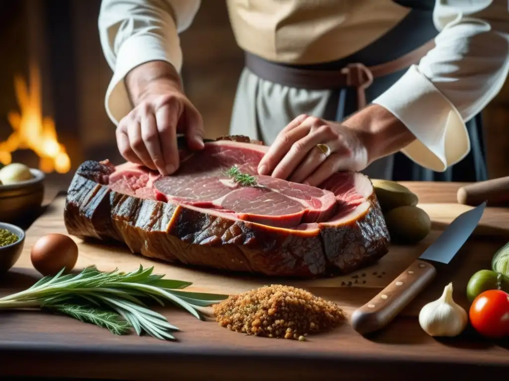 Maestro carnicero medieval: arte culinario histórico Un experto carnicero medieval corta carne rodeado de utensilios y ingredientes