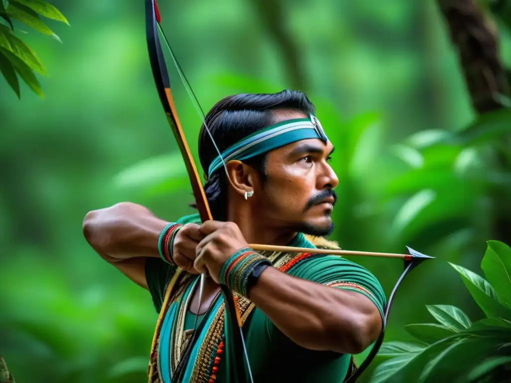 Sigilo en la selva: Cazador maya con arco y flecha Un experto cazador Maya se desliza por la exuberante selva con arco y flecha, en armonía con la naturaleza