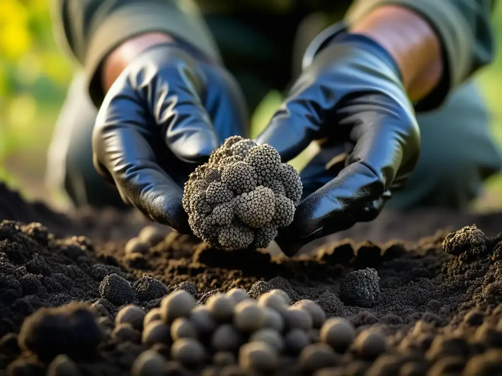 Un experto cazador de trufas en Perigord, Francia, extrae con destreza una trufa negra perfecta del suelo rico de un pintoresco huerto de trufas