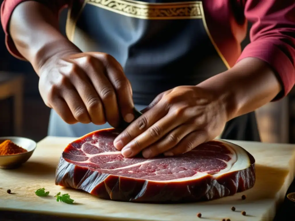 Un experto en Asia Central aplica técnicas de conservación en carne, mostrando la rica tradición culinaria de la región