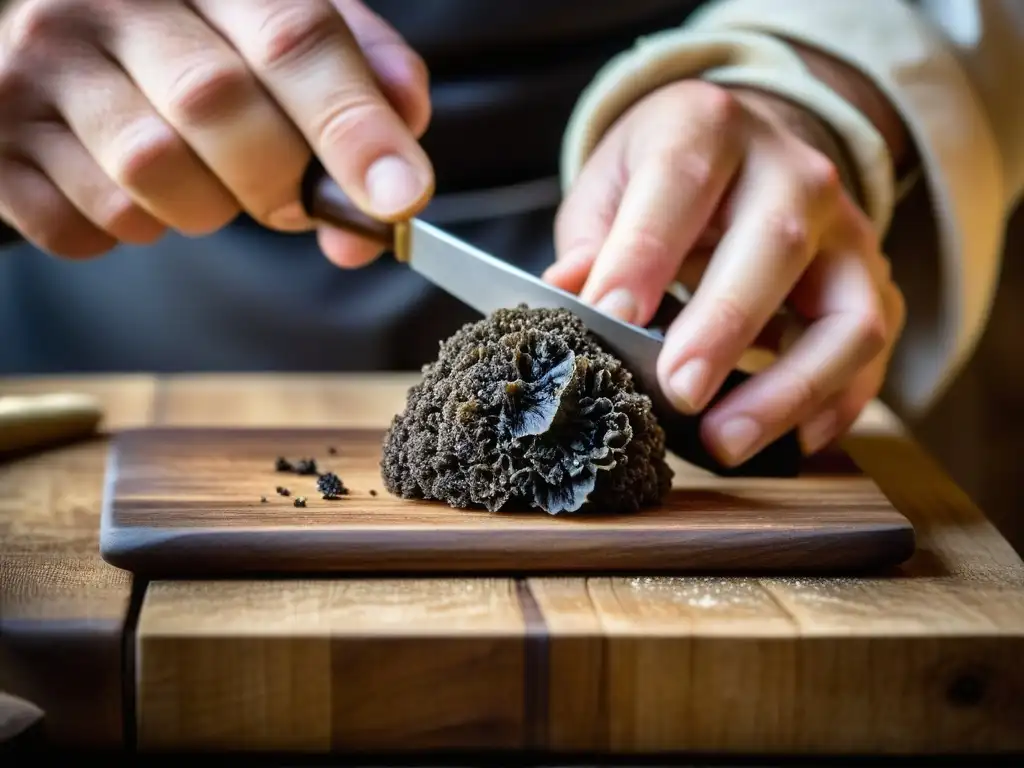 Un experto chef medieval usa trufas sobre tabla de madera en detallado macro