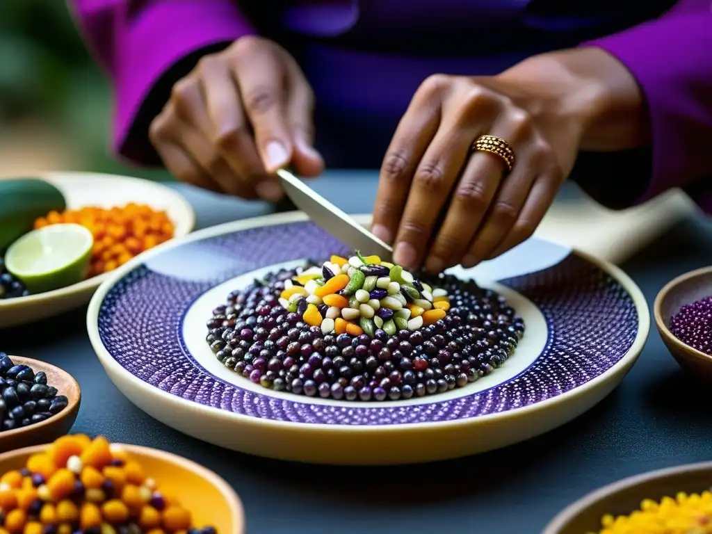 Un experto chef peruano fusiona ingredientes incas en un plato de quinua y maíz morado, destacando la influencia culinaria Inca en Andes