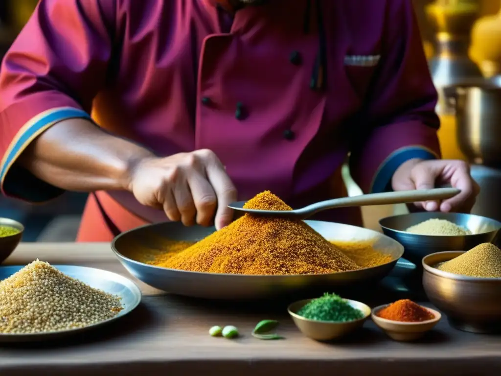 Un experto chef preparando una receta histórica de la Ruta de la Seda en un bullicioso mercado, con utensilios antiguos y especias vibrantes