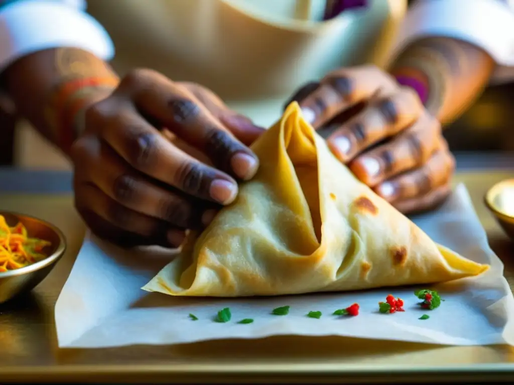 Un experto chef del sur de Asia dobla un samosa con destreza, mostrando las texturas e historia culinaria de la región