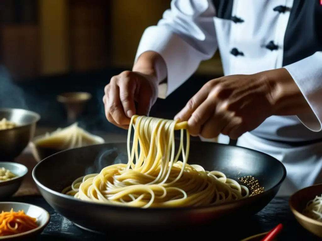 Un experto chef chino estira fideos a mano en una cocina tradicional, evocando influencias históricas en la cocina moderna de la Ruta de la Seda