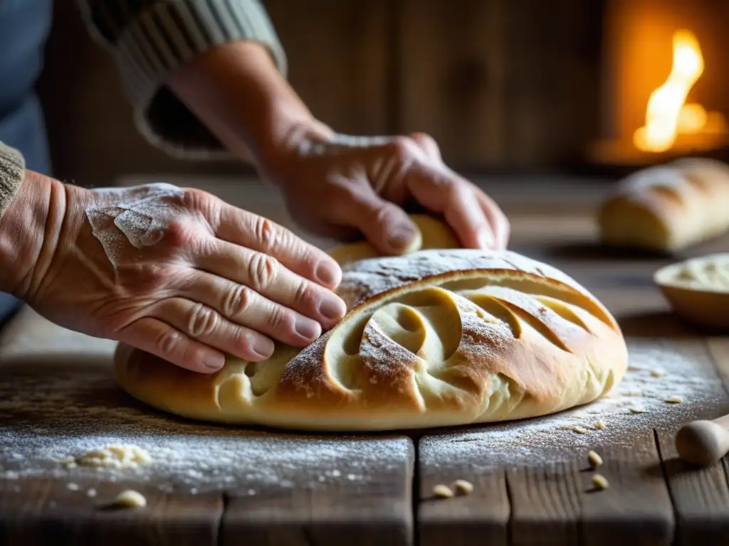 Un experto cocinero moldea con maestría una masa para pan escandinavo en una superficie de madera rústica