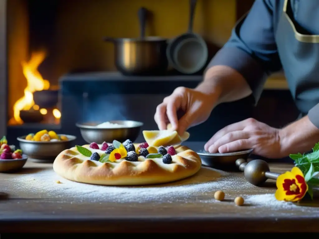 Un experto cocinero medieval elabora postres exquisitos en una cocina llena de detalles nostálgicos y acogedores