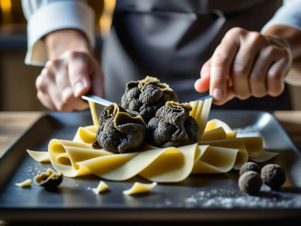 Un experto cocinero con trufas técnicas históricas, rallando una preciada trufa negra sobre pasta casera