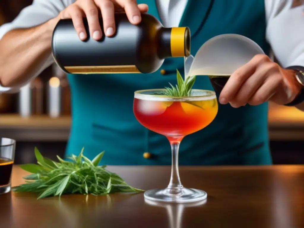 Un bartender experto prepara un cóctel renacentista con hierbas frescas y coloridas, evocando el origen medicinal