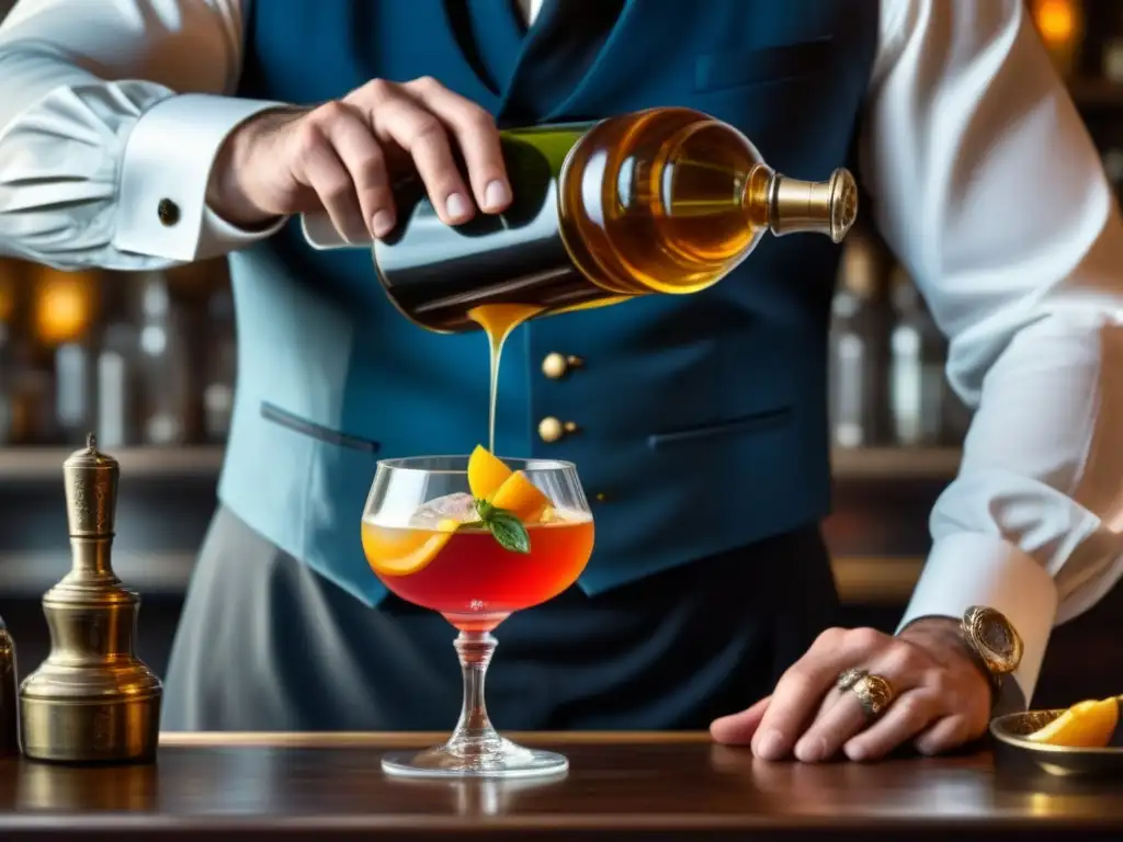 Un bartender experto preparando cócteles históricos del Renacimiento con destreza y elegancia, mostrando la evolución de la mixología