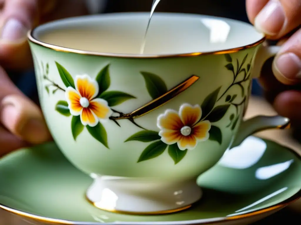 Restauración meticulosa de taza de porcelana antigua Un experto restaurando con delicadeza una antigua taza de porcelana agrietada, resaltando la historia y la cerámica