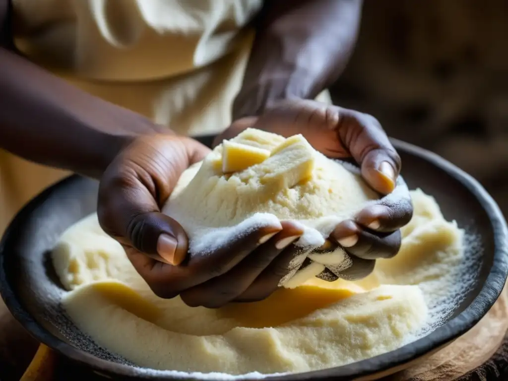 Un experto moldea fufu africano con manos habilidosas, resaltando la adaptación recetas africanas influencia colonial