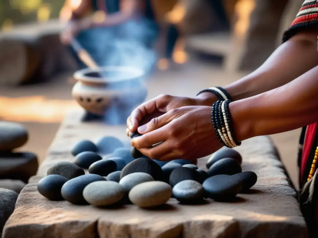 Arte ancestral: manos expertas en fogón prehispánico Un experto indígena arregla piedras calientes en un fogón prehispánico, destacando la técnica ancestral de cocción