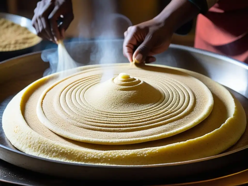 Un experto chef etíope prepara injera en una cocina tradicional africana, mostrando burbujas y patrones