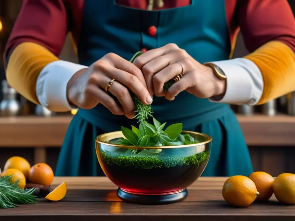 Maestría renacentista: Bartender experto mezcla hierbas y frutas en vaso antiguo Un bartender experto maja hierbas y frutas en vaso renacentista, resaltando técnicas olvidadas cócteles Renacimiento