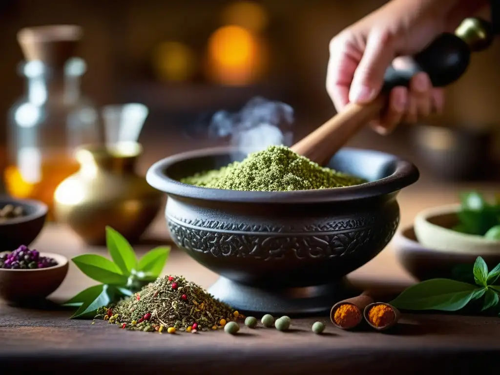 Un experto en Ayurveda prepara una receta indígena de desintoxicación del cuerpo en un entorno rústico y tenue, mostrando colores y texturas vibrantes