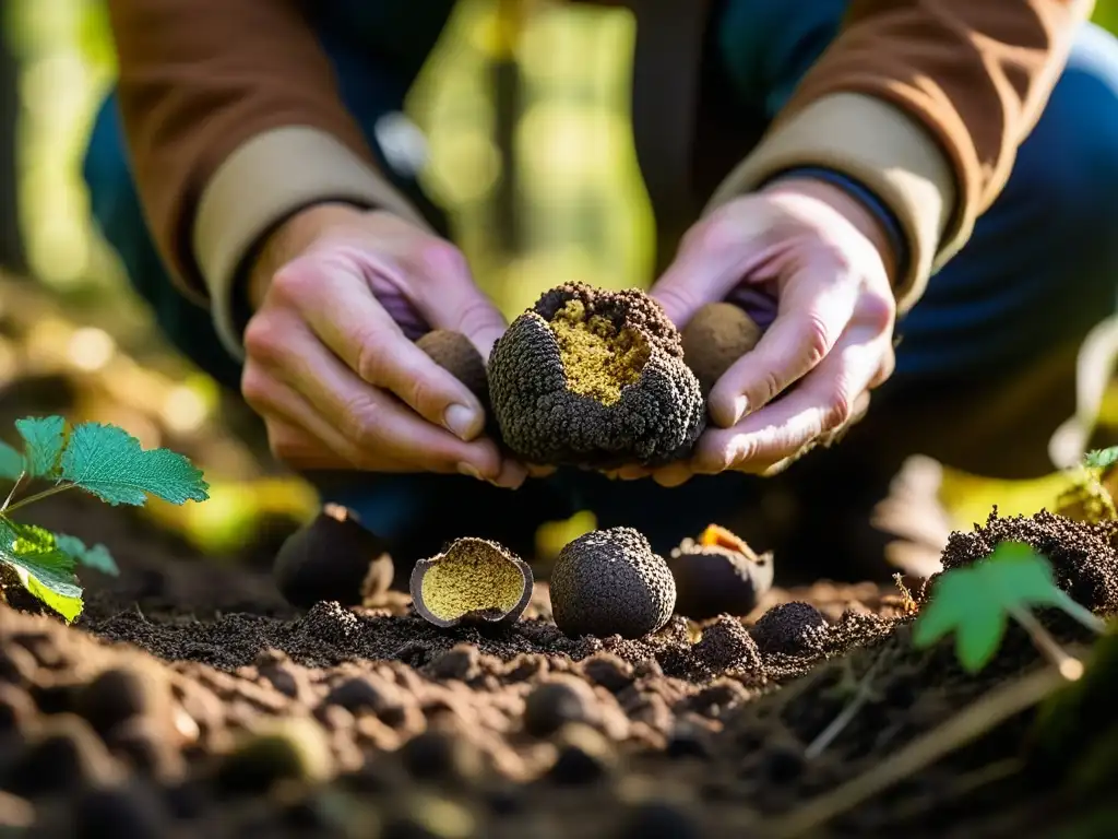 Un experto recolector de trufas inspecciona con cuidado las recién desenterradas trufas en un bosque